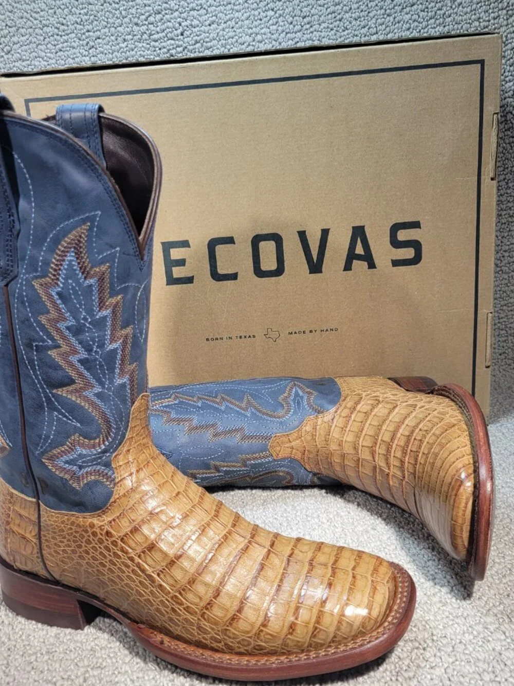 Tecovas The William Men's US Size 8.5D Toffee Navy Caiman Cowboy Boots